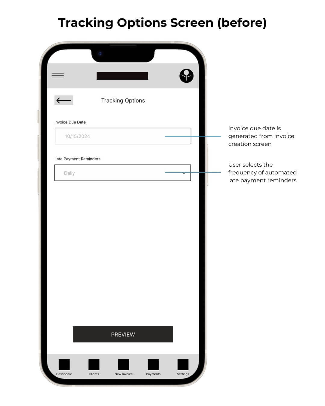 Tracking options screen before usability testing