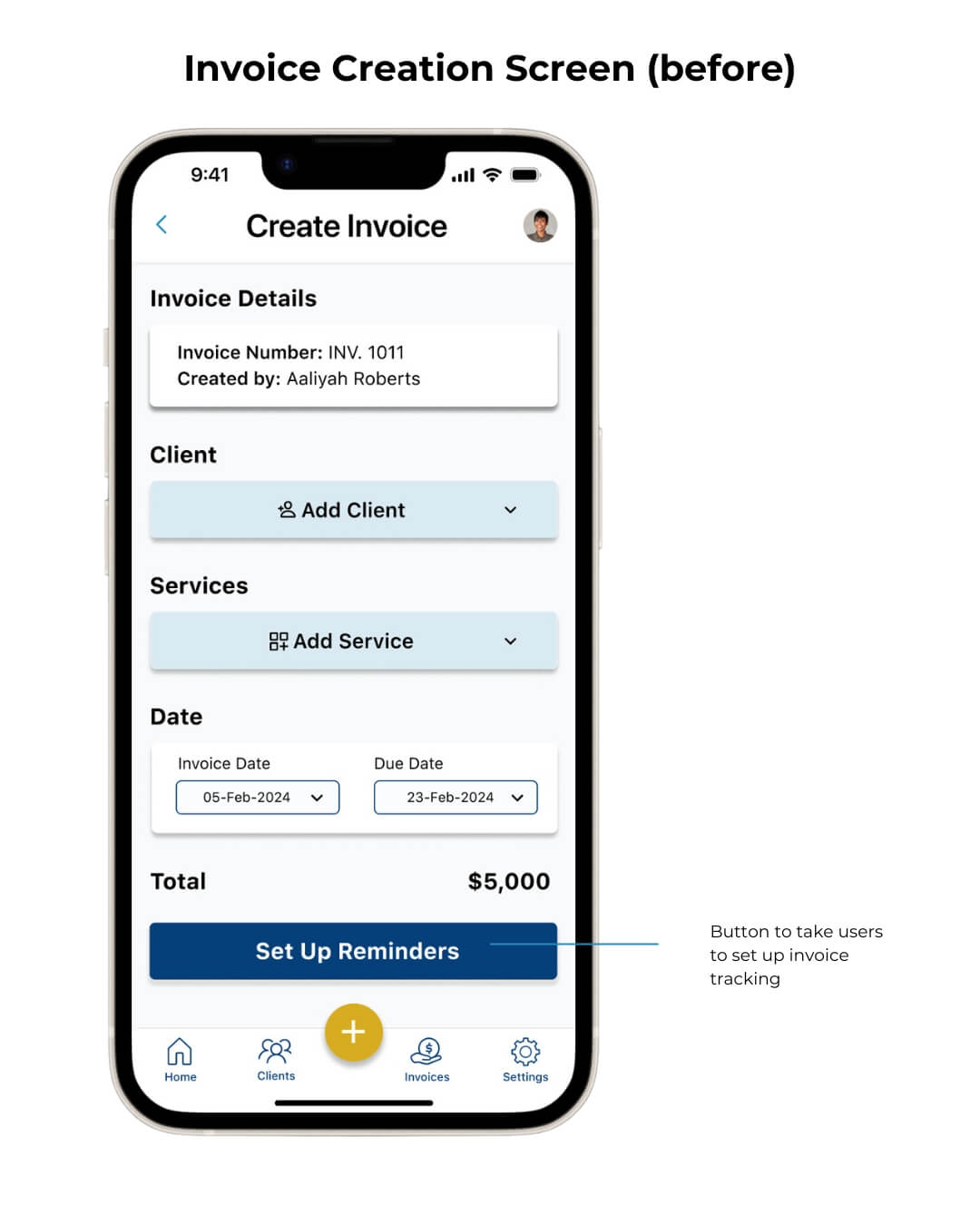 High-fidelity mockup of create invoice screen before usability test