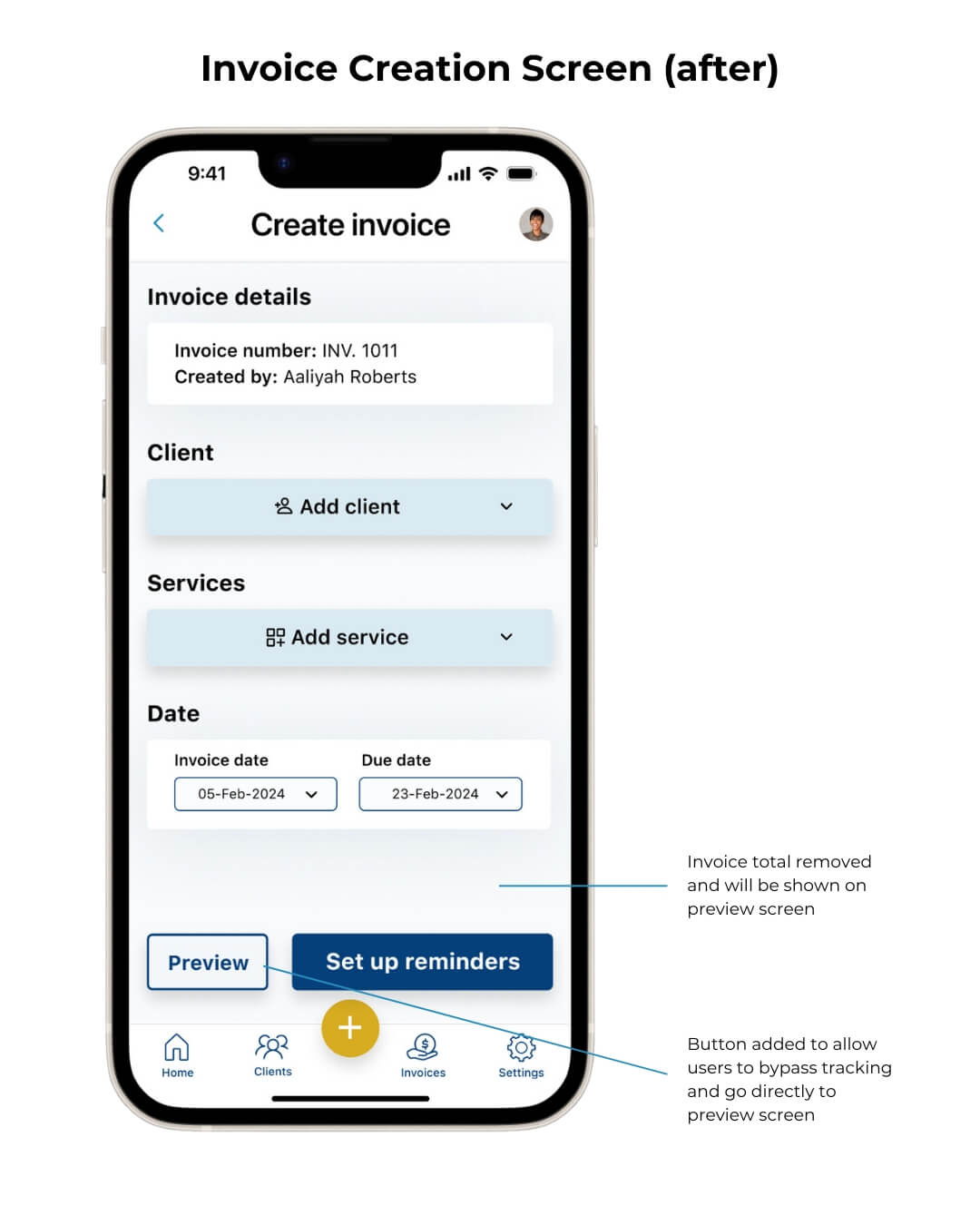 High-fidelity mockup of create invoice screen after usability test