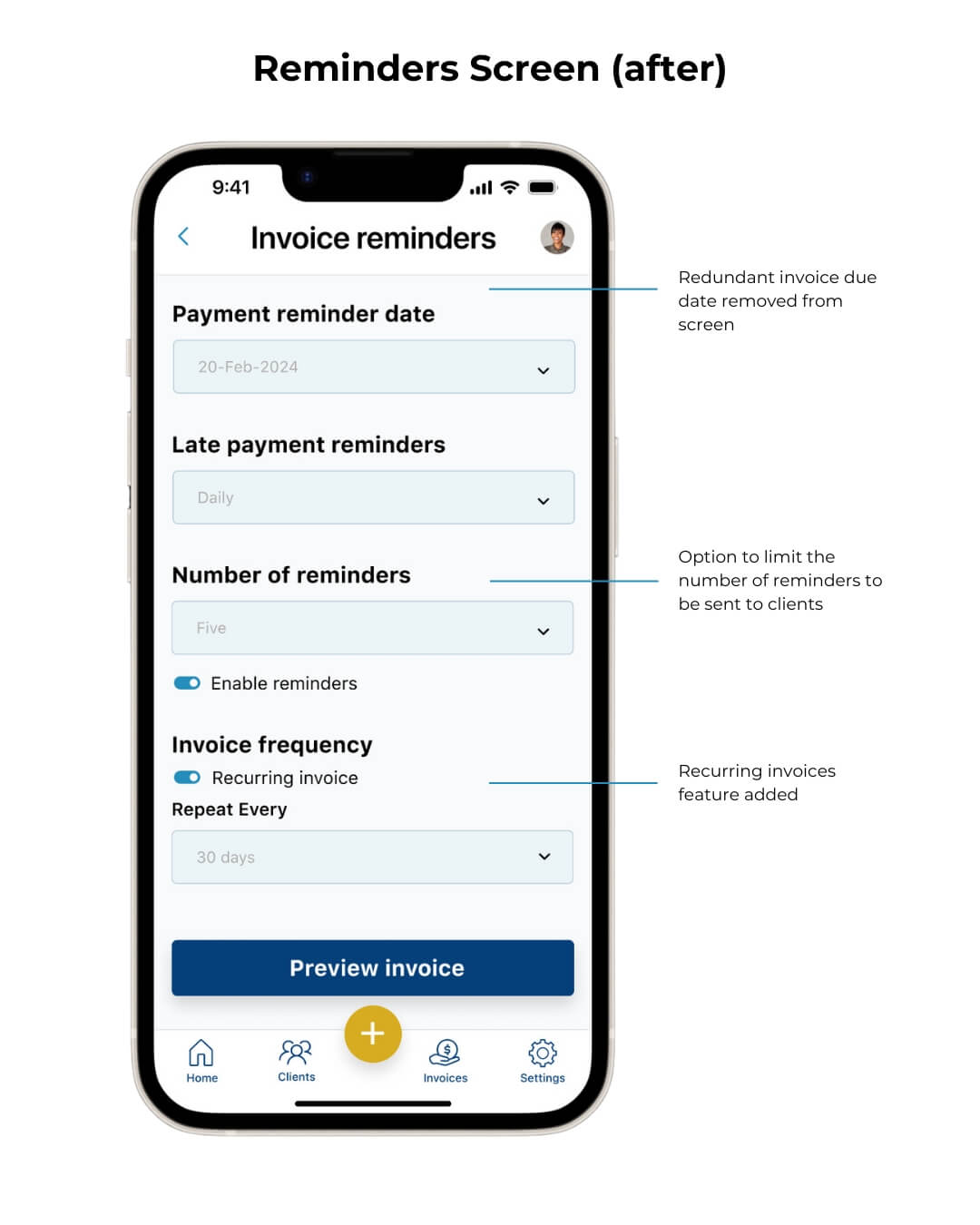 High-fidelity mockup of reminders screen after usability test