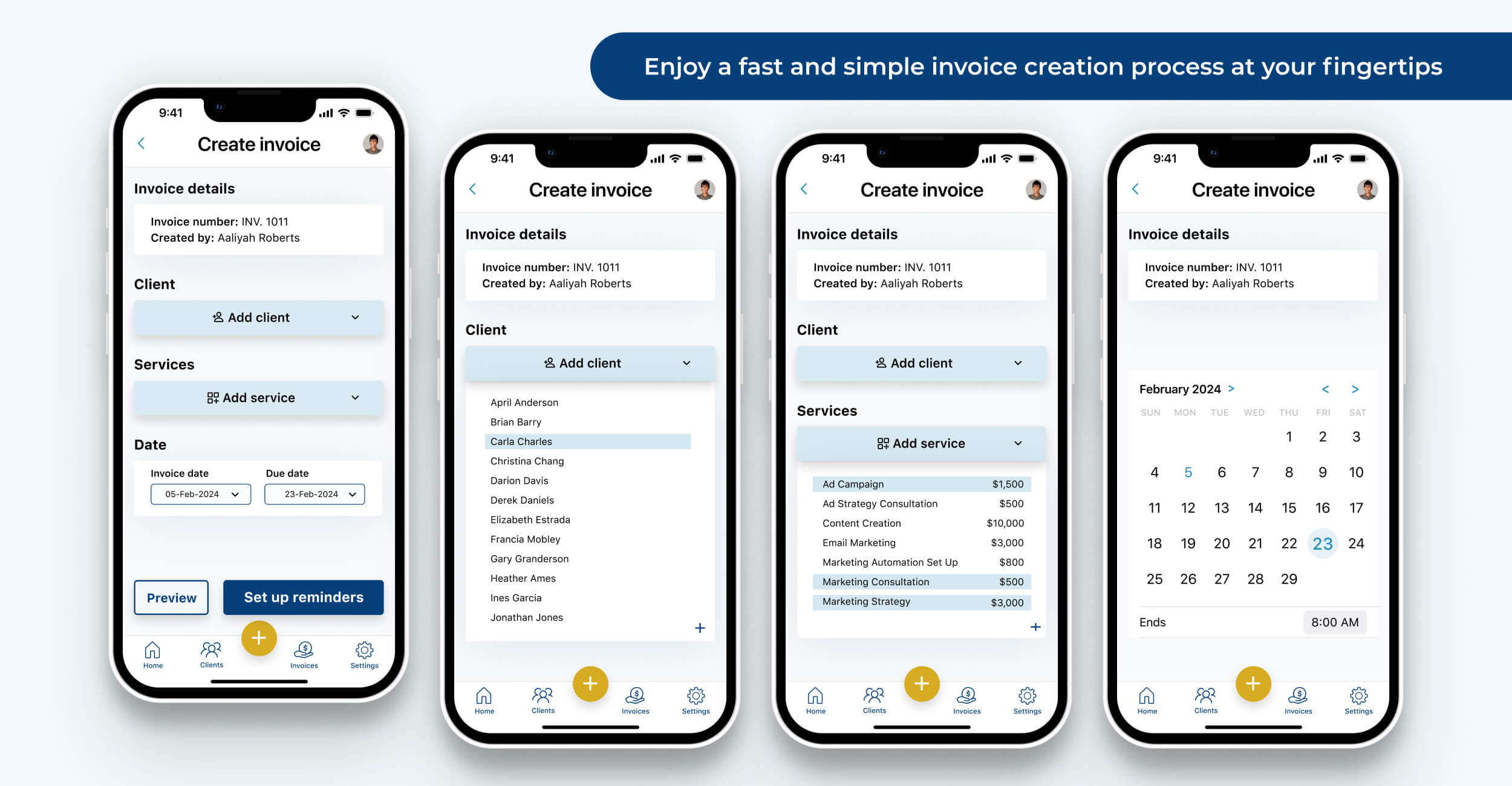 Invoice creation screens