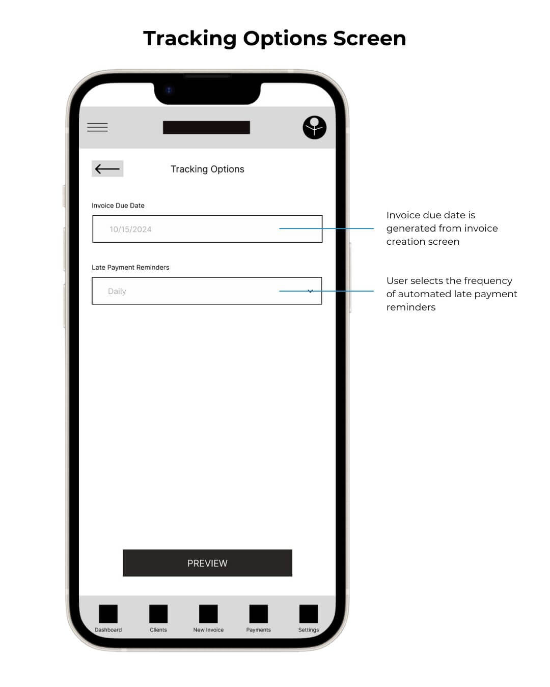 Digital wireframe of Swyft Invoice tracking screen