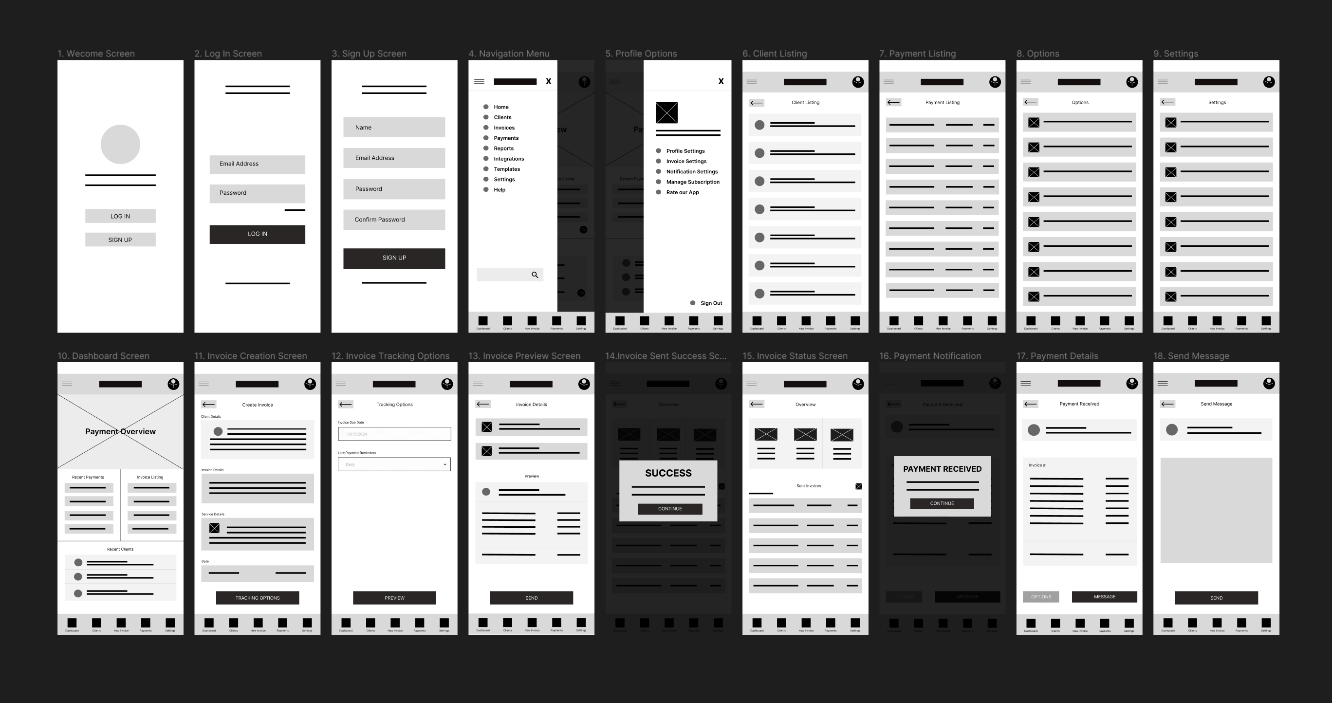 Low-fidelity digital wireframes of the Swyft Invoice app