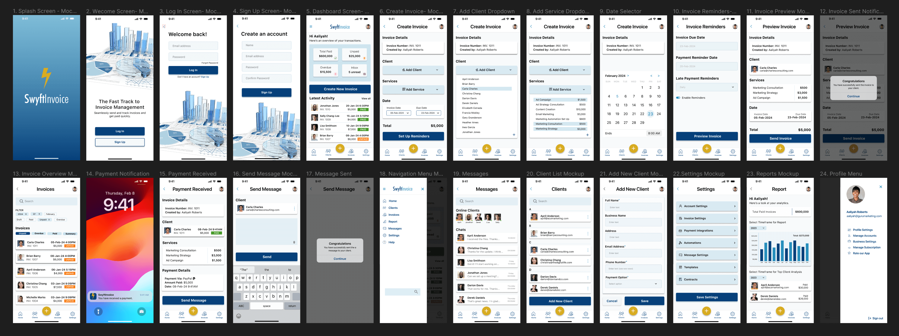 High-fidelity mockups for Swyft Invoice app