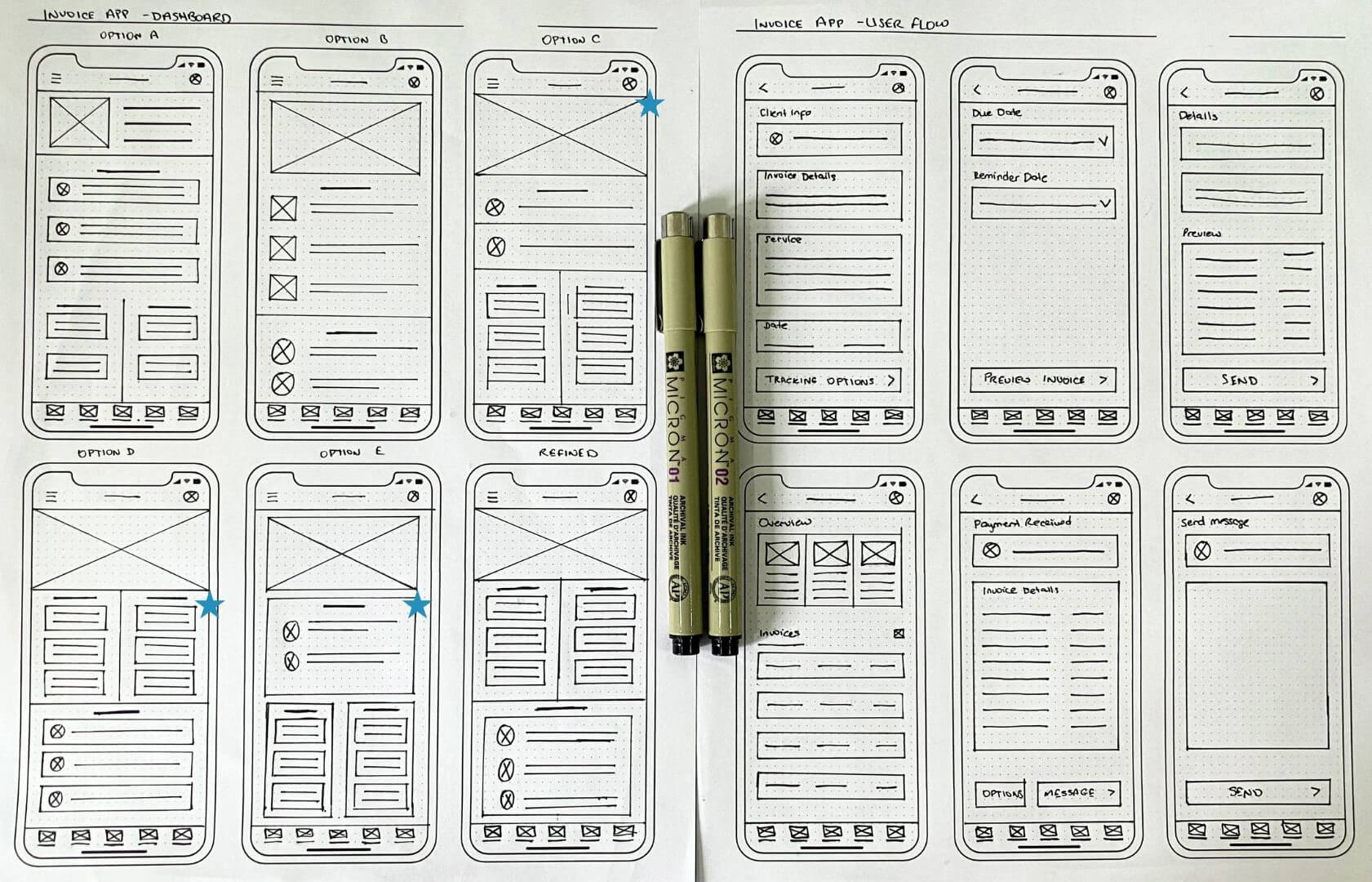 Paper wireframes for the Swyft Invoice app